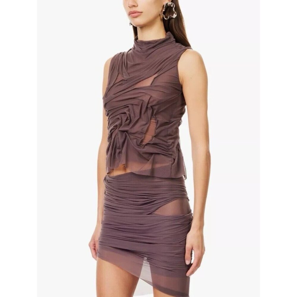 Di Petsa Wetlook Top Brown Sleeveless Semi Sheer
